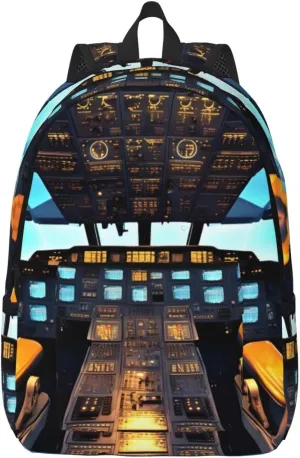 Airplane Cockpit Print Canvas Laptop Backpack Outdoor Casual Travel Bag Daypack Book Bag For Men Women
