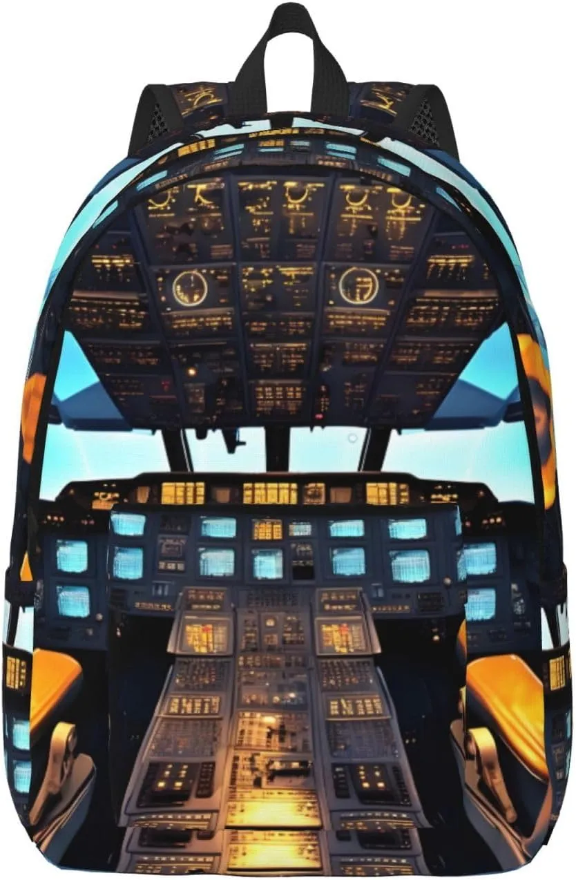 Airplane Cockpit Print Canvas Laptop Backpack Outdoor Casual Travel Bag Daypack Book Bag For Men Women