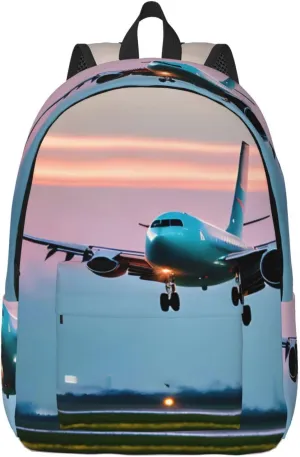 Airplane In The Evening Lights Print Canvas Laptop Backpack Outdoor Casual Travel Bag Daypack Book Bag For Men Women