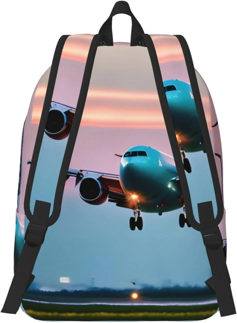 Airplane In The Evening Lights Print Canvas Laptop Backpack Outdoor Casual Travel Bag Daypack Book Bag For Men Women