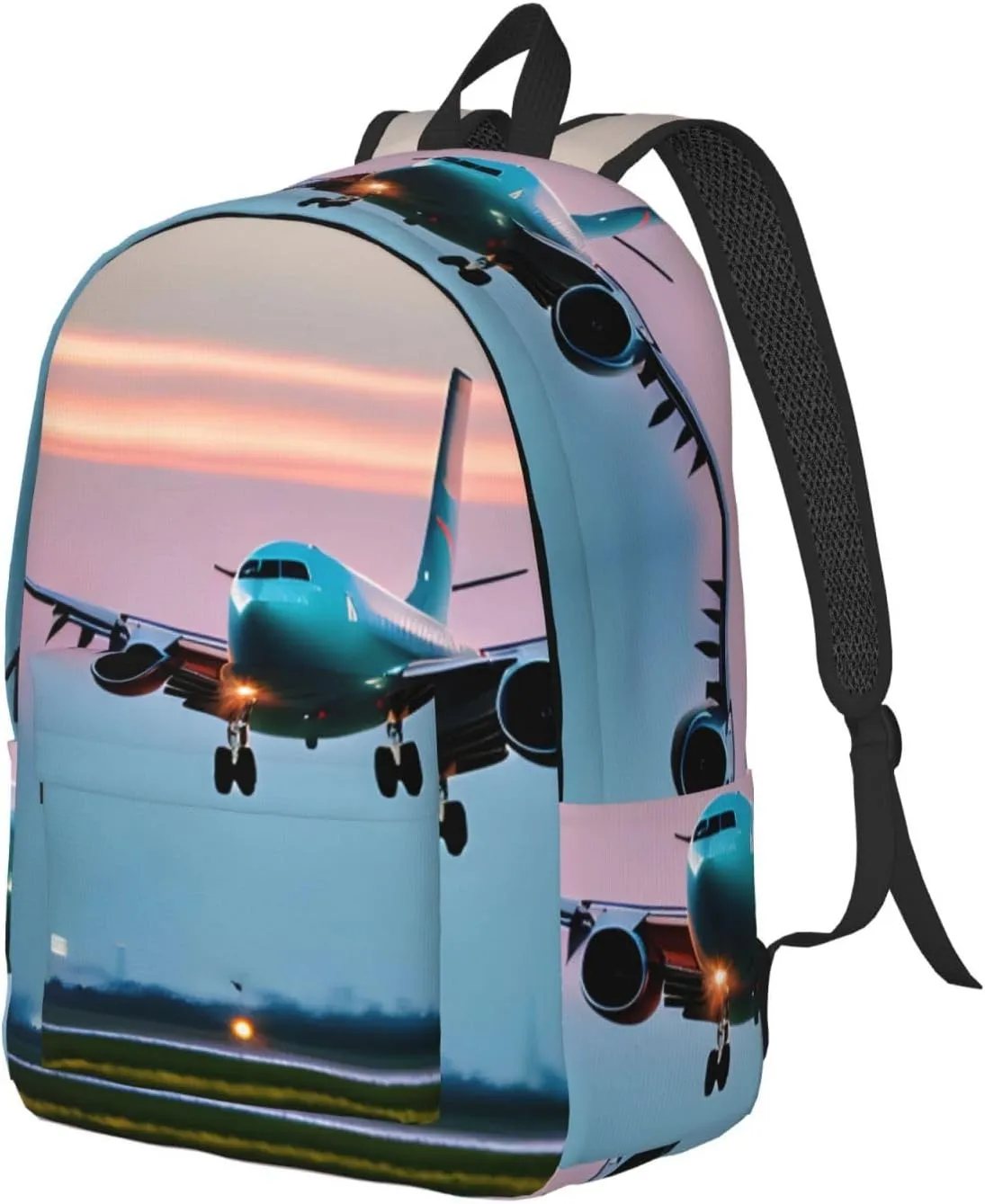 Airplane In The Evening Lights Print Canvas Laptop Backpack Outdoor Casual Travel Bag Daypack Book Bag For Men Women