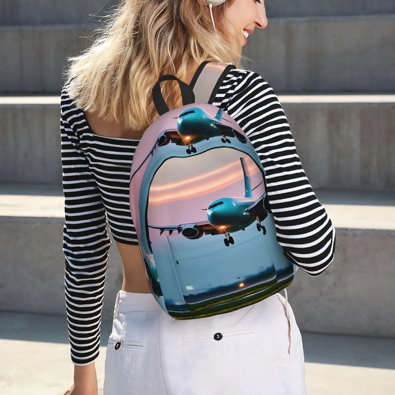 Airplane In The Evening Lights Print Canvas Laptop Backpack Outdoor Casual Travel Bag Daypack Book Bag For Men Women