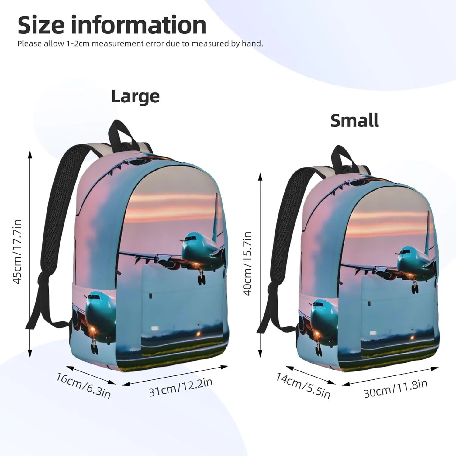 Airplane In The Evening Lights Print Canvas Laptop Backpack Outdoor Casual Travel Bag Daypack Book Bag For Men Women