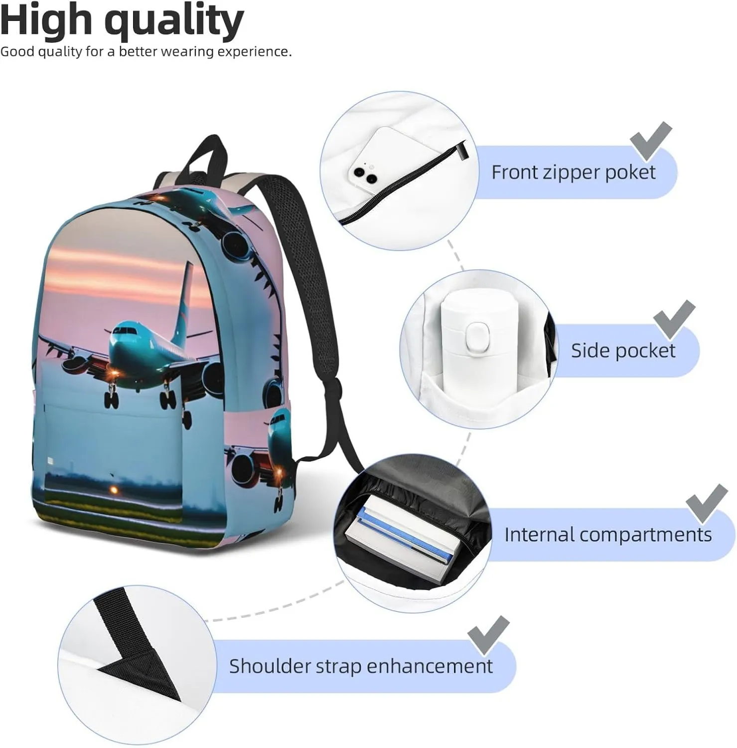 Airplane In The Evening Lights Print Canvas Laptop Backpack Outdoor Casual Travel Bag Daypack Book Bag For Men Women