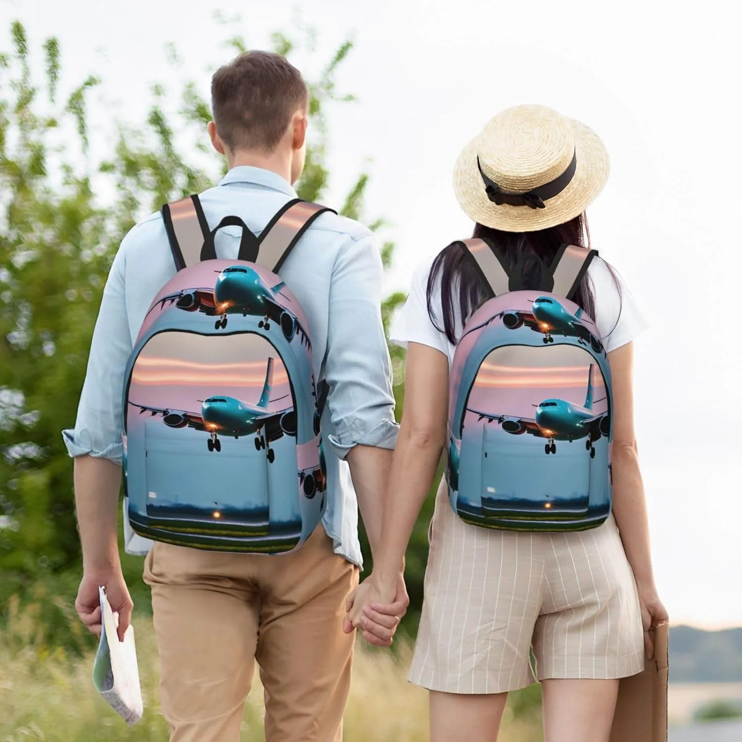 Airplane In The Evening Lights Print Canvas Laptop Backpack Outdoor Casual Travel Bag Daypack Book Bag For Men Women