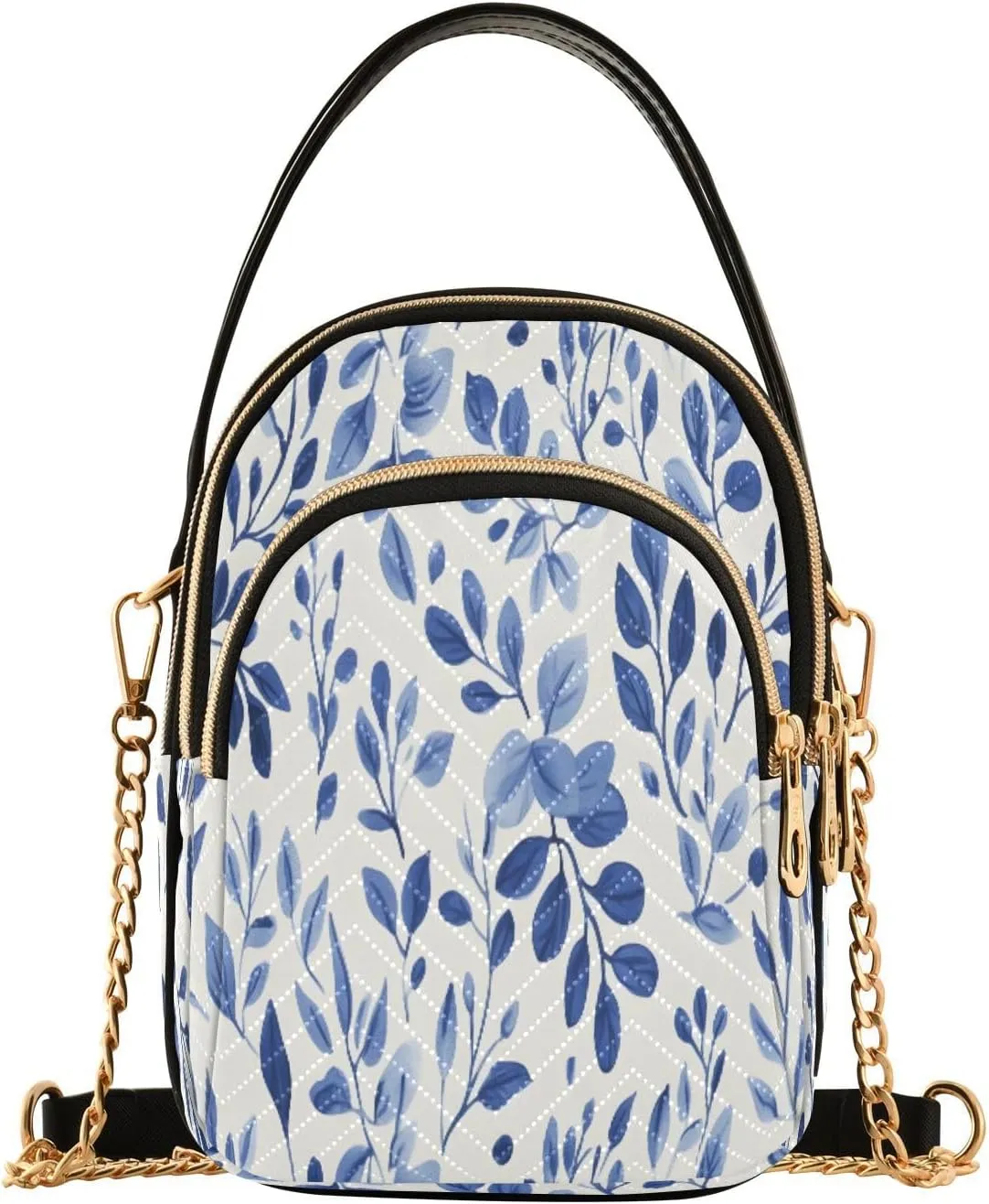 ALAZA Quilted Crossbody Bags for Women,Blue White Porcelain Leaves Women's Crossbody Handbags Small Travel Purses Phone Bag