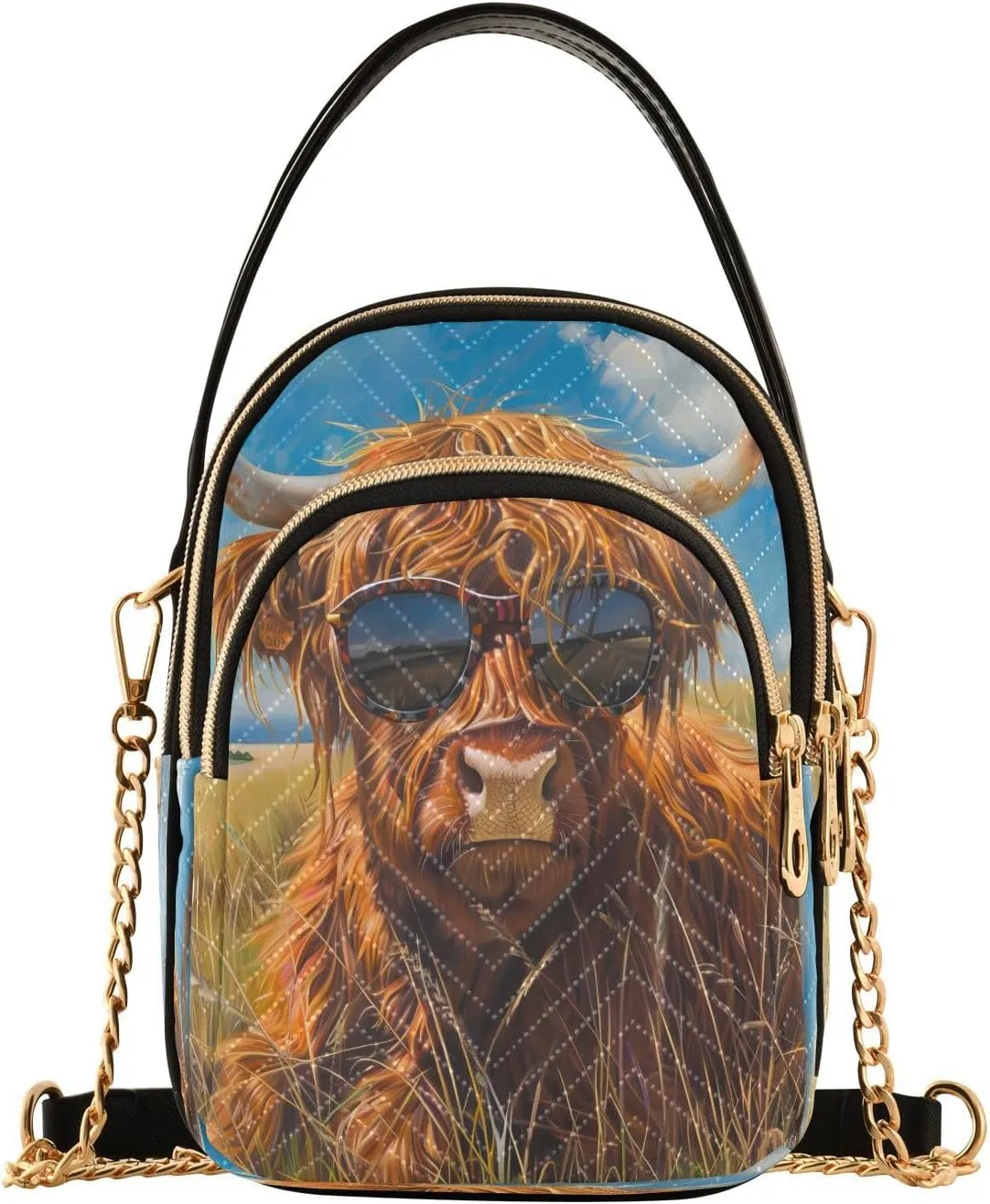 ALAZA Quilted Crossbody Bags for Women,Highland Cattle Grasslands Women's Crossbody Handbags Small Travel Purses Phone Bag