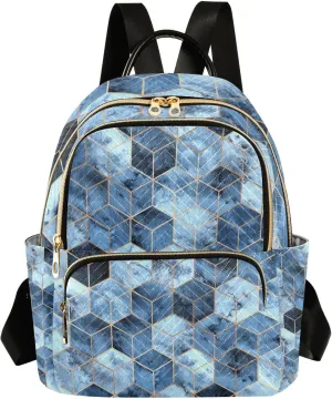 ALAZA Small Backpack Purse for Women Teen Girls Gold Foil Outline Deep Blue Tile Quilted Backpack Fashion Bookbag Mini School Daypack Ladies Shoulder Bag Everyday Purses