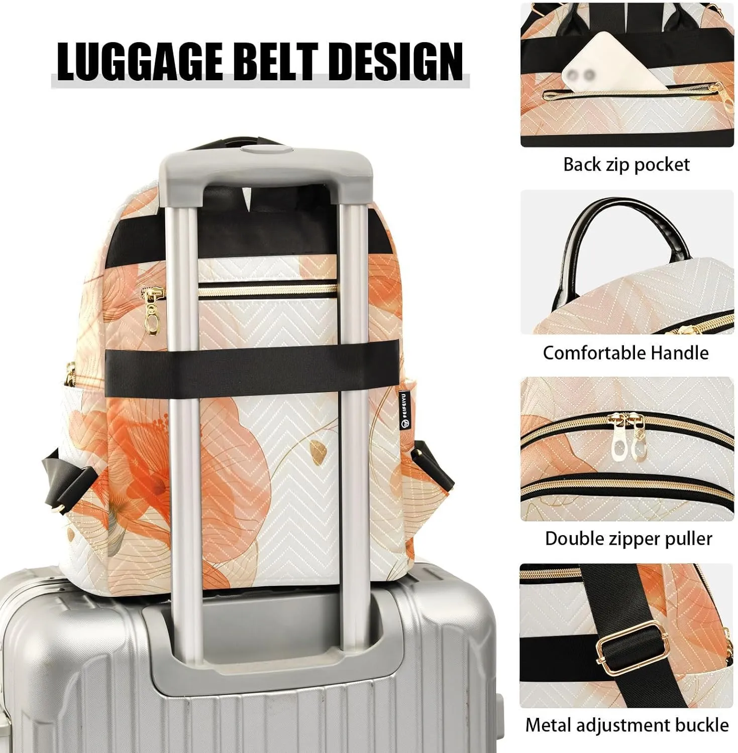 ALAZA Small Backpack Purse for Women Teen Girls Orange Copy Flowers Plant Leaves Quilted Backpack Fashion Bookbag Mini School Daypack Ladies Everyday Purses Shoulder Bag