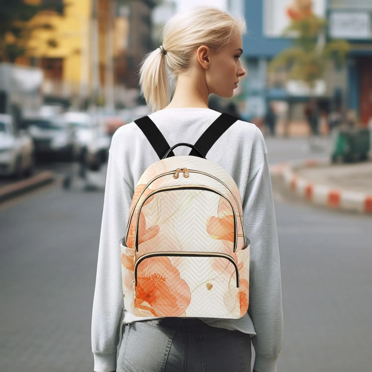 ALAZA Small Backpack Purse for Women Teen Girls Orange Copy Flowers Plant Leaves Quilted Backpack Fashion Bookbag Mini School Daypack Ladies Everyday Purses Shoulder Bag
