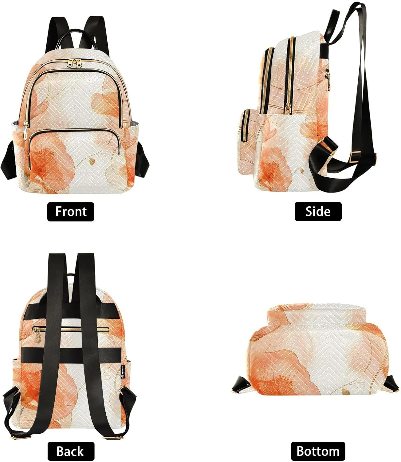 ALAZA Small Backpack Purse for Women Teen Girls Orange Copy Flowers Plant Leaves Quilted Backpack Fashion Bookbag Mini School Daypack Ladies Everyday Purses Shoulder Bag