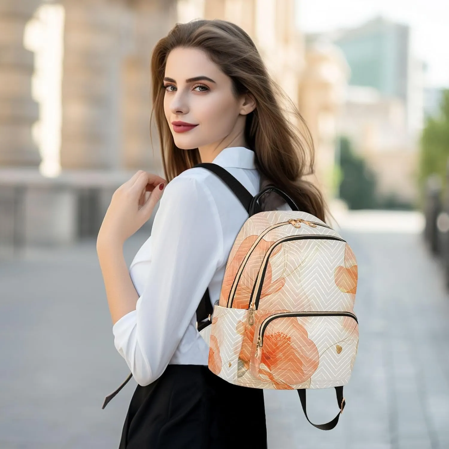 ALAZA Small Backpack Purse for Women Teen Girls Orange Copy Flowers Plant Leaves Quilted Backpack Fashion Bookbag Mini School Daypack Ladies Everyday Purses Shoulder Bag