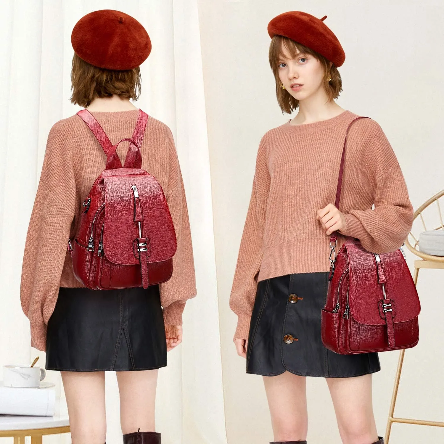 ALTOSY Genuine Leather Backpack Purse for Women Convertible Shoulder Bag with Buckle Flap