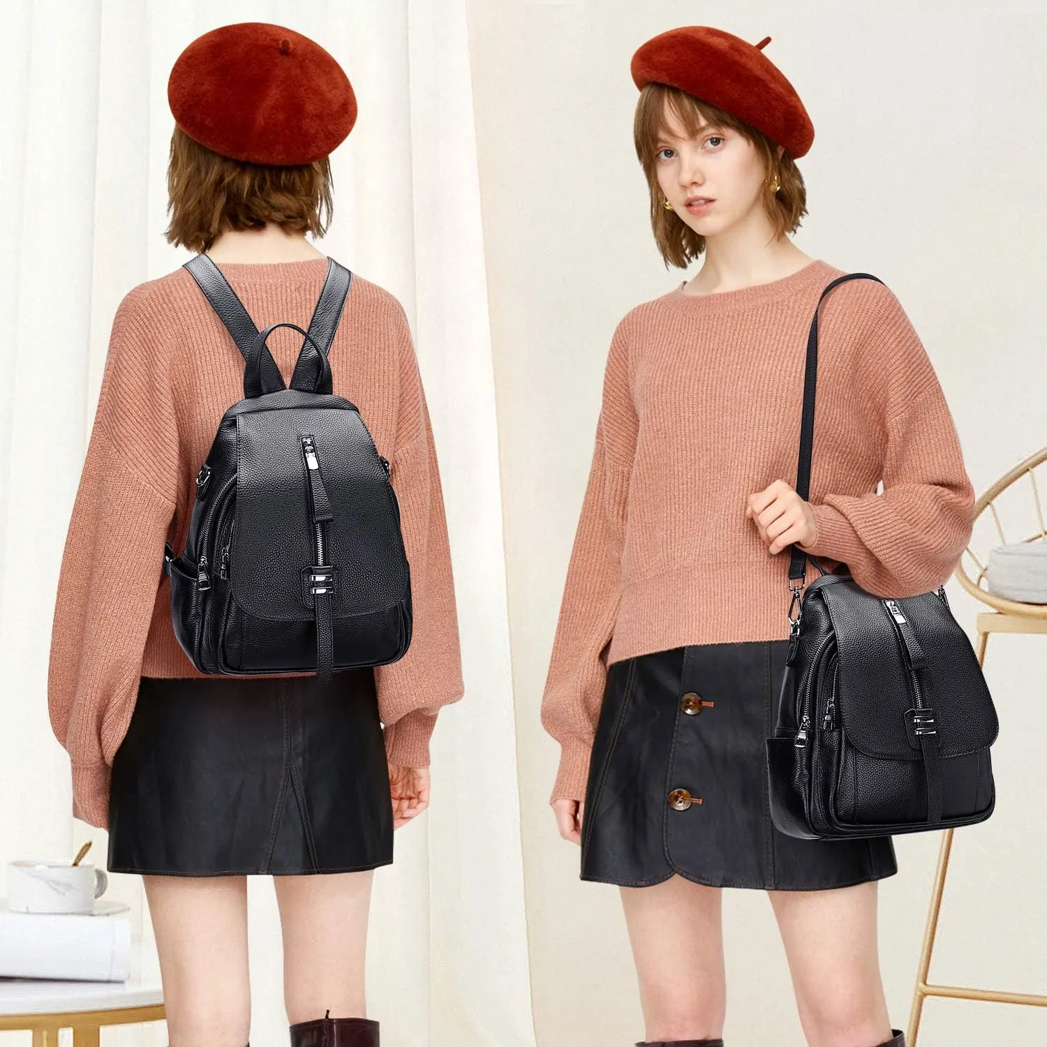 ALTOSY Genuine Leather Backpack Purse for Women Convertible Shoulder Bag with Buckle Flap