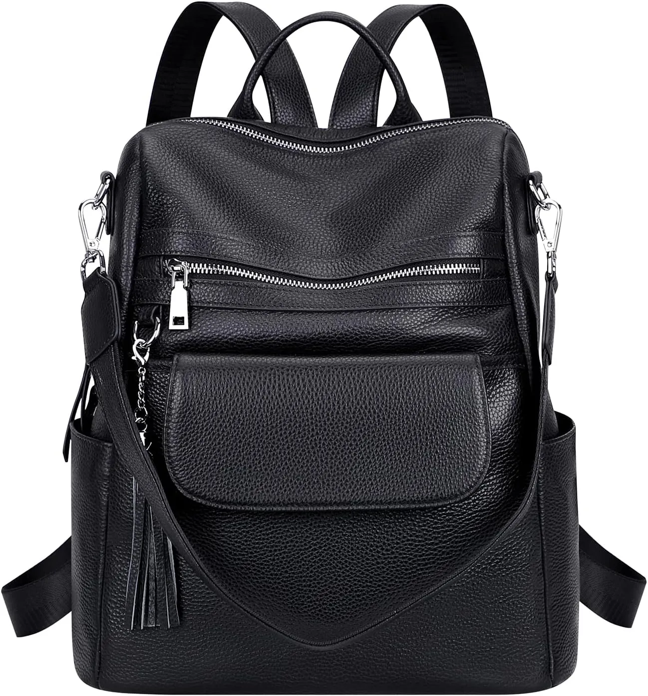 ALTOSY Genuine Leather Backpack Purse for Women Large Convertible Shoulder bag Ladies Crossdody Bag with Tassel(S115 Black)