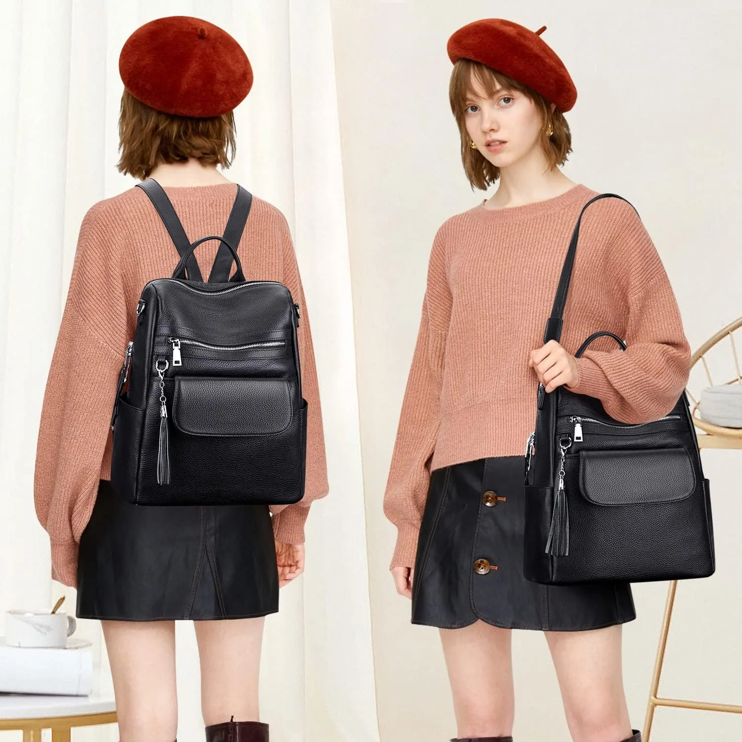 ALTOSY Genuine Leather Backpack Purse for Women Large Convertible Shoulder bag Ladies Crossdody Bag with Tassel(S115 Black)