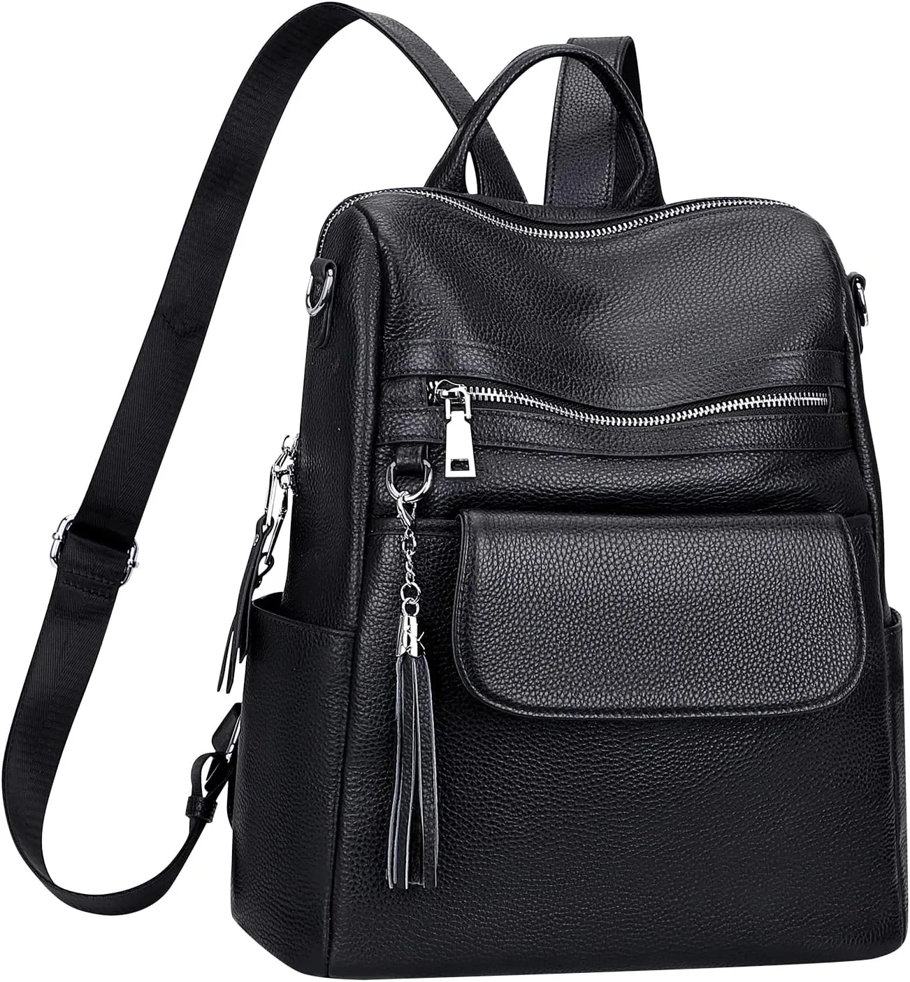 ALTOSY Genuine Leather Backpack Purse for Women Large Convertible Shoulder bag Ladies Crossdody Bag with Tassel(S115 Black)