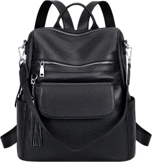 ALTOSY Genuine Leather Backpack Purse for Women Large Convertible Shoulder bag Ladies Crossdody Bag with Tassel(S115 Black)