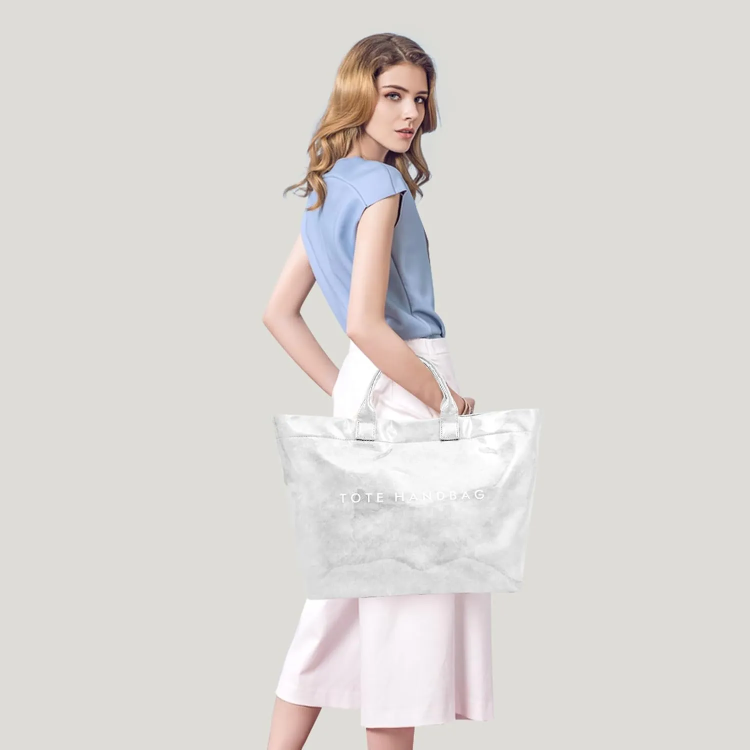 ALUSBELL Large PVC Tote Bag for Women Letters Print Tote Handbag Kraft Paper Travel Shoulder Bag Clear Carry All Hobo Handbag