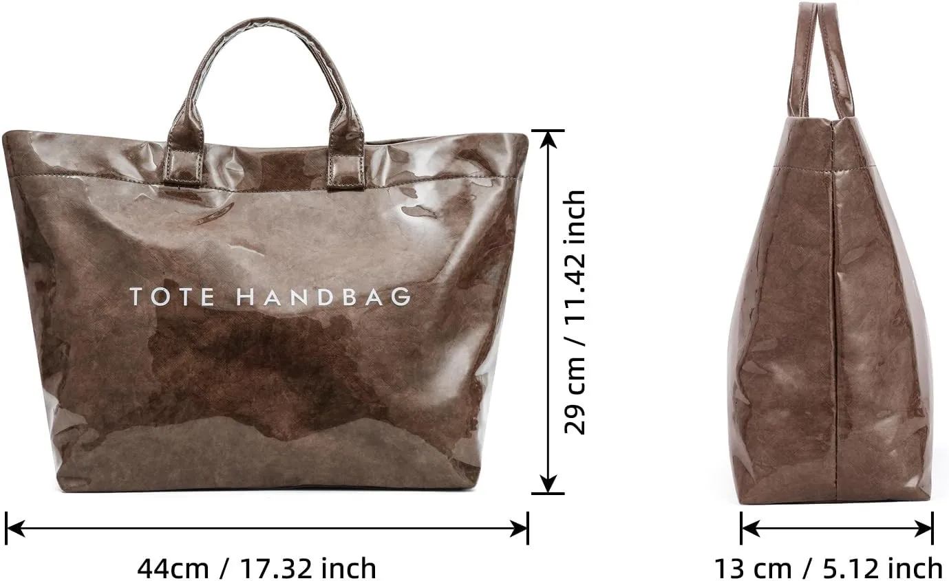 ALUSBELL Large PVC Tote Bag for Women Letters Print Tote Handbag Kraft Paper Travel Shoulder Bag Clear Carry All Hobo Handbag