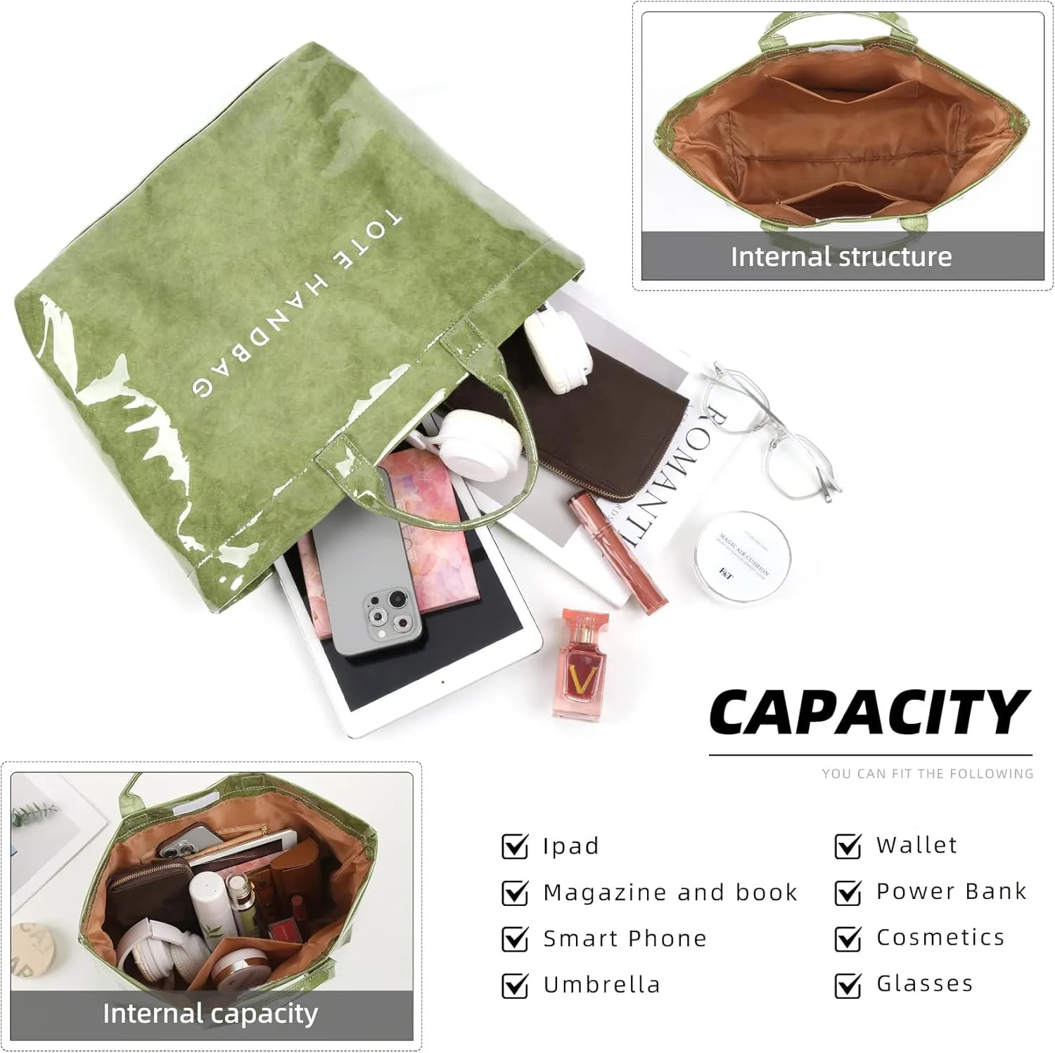 ALUSBELL Large PVC Tote Bag for Women Letters Print Tote Handbag Kraft Paper Travel Shoulder Bag Clear Carry All Hobo Handbag