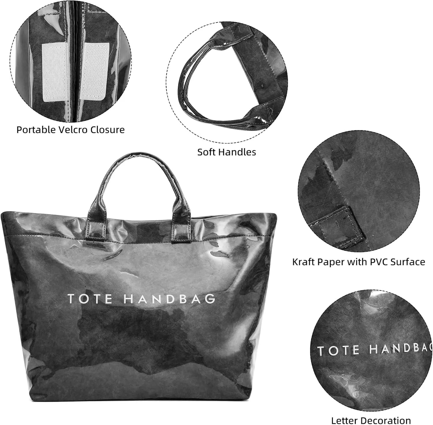 ALUSBELL Large PVC Tote Bag for Women Letters Print Tote Handbag Kraft Paper Travel Shoulder Bag Clear Carry All Hobo Handbag