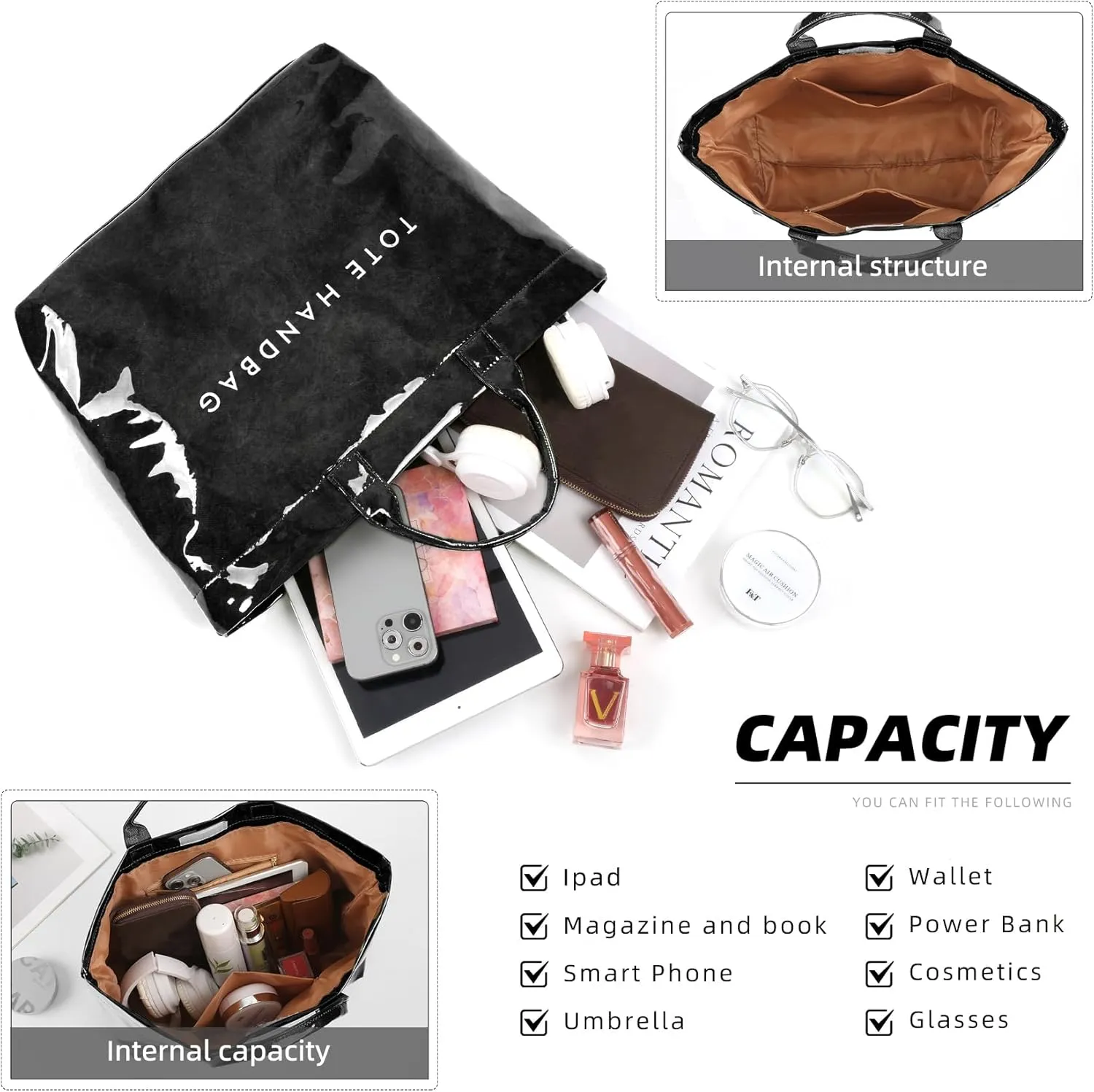 ALUSBELL Large PVC Tote Bag for Women Letters Print Tote Handbag Kraft Paper Travel Shoulder Bag Clear Carry All Hobo Handbag