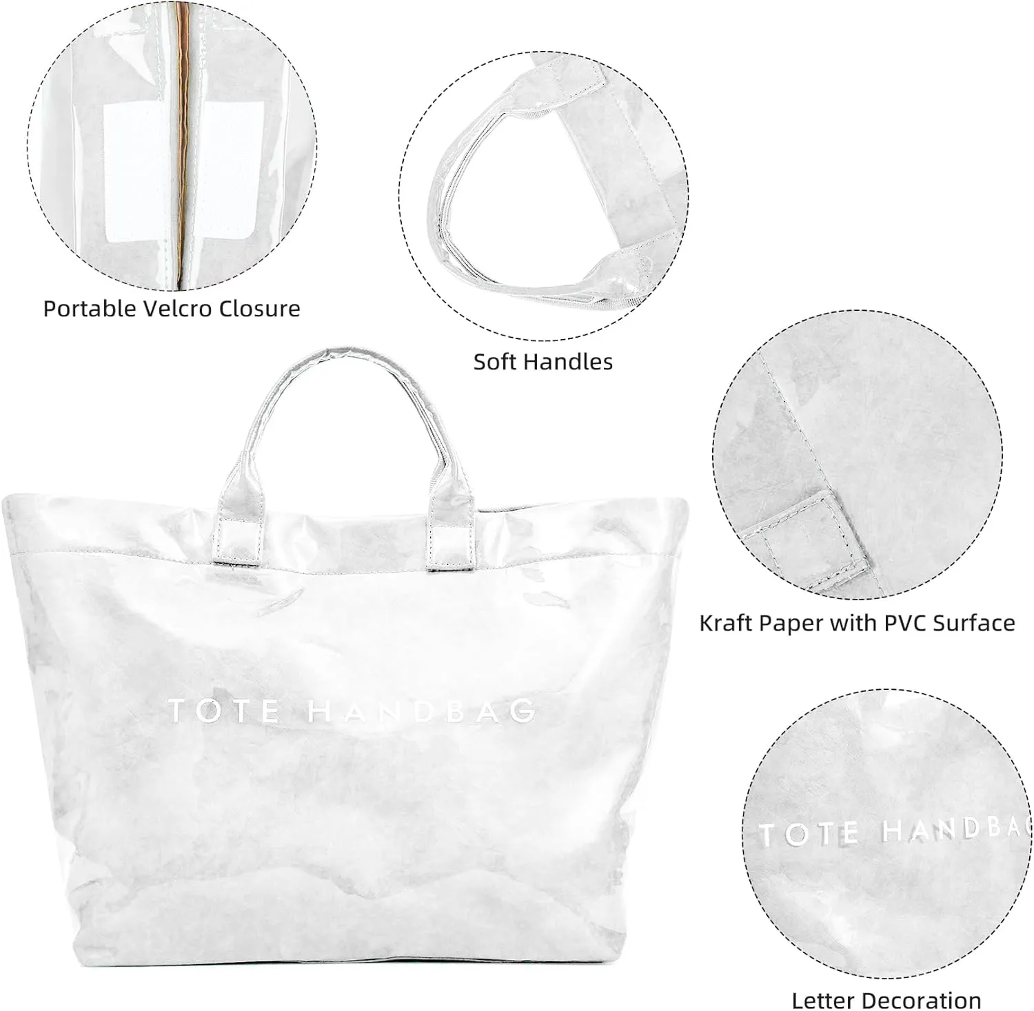 ALUSBELL Large PVC Tote Bag for Women Letters Print Tote Handbag Kraft Paper Travel Shoulder Bag Clear Carry All Hobo Handbag