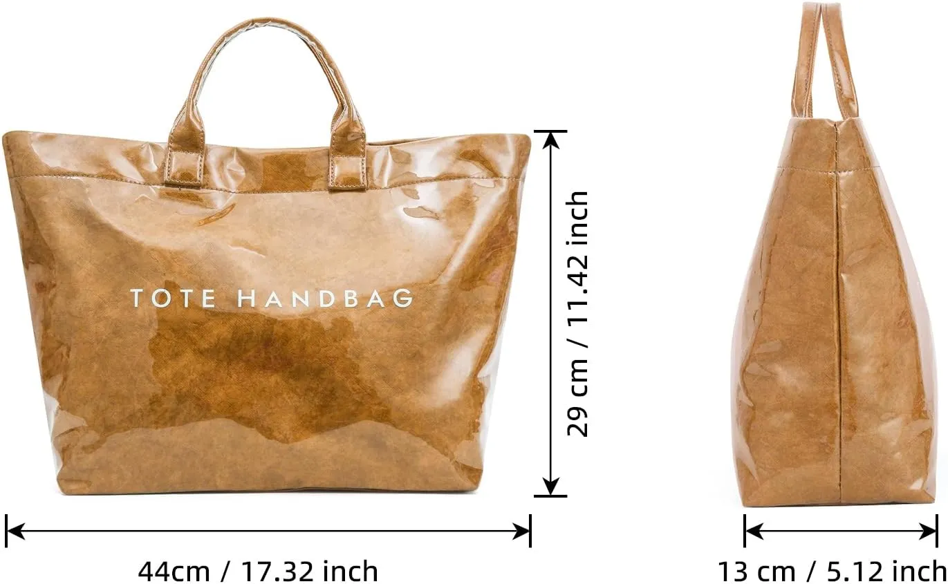 ALUSBELL Large PVC Tote Bag for Women Letters Print Tote Handbag Kraft Paper Travel Shoulder Bag Clear Carry All Hobo Handbag