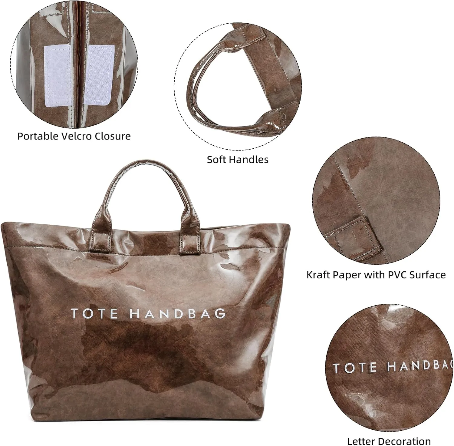 ALUSBELL Large PVC Tote Bag for Women Letters Print Tote Handbag Kraft Paper Travel Shoulder Bag Clear Carry All Hobo Handbag