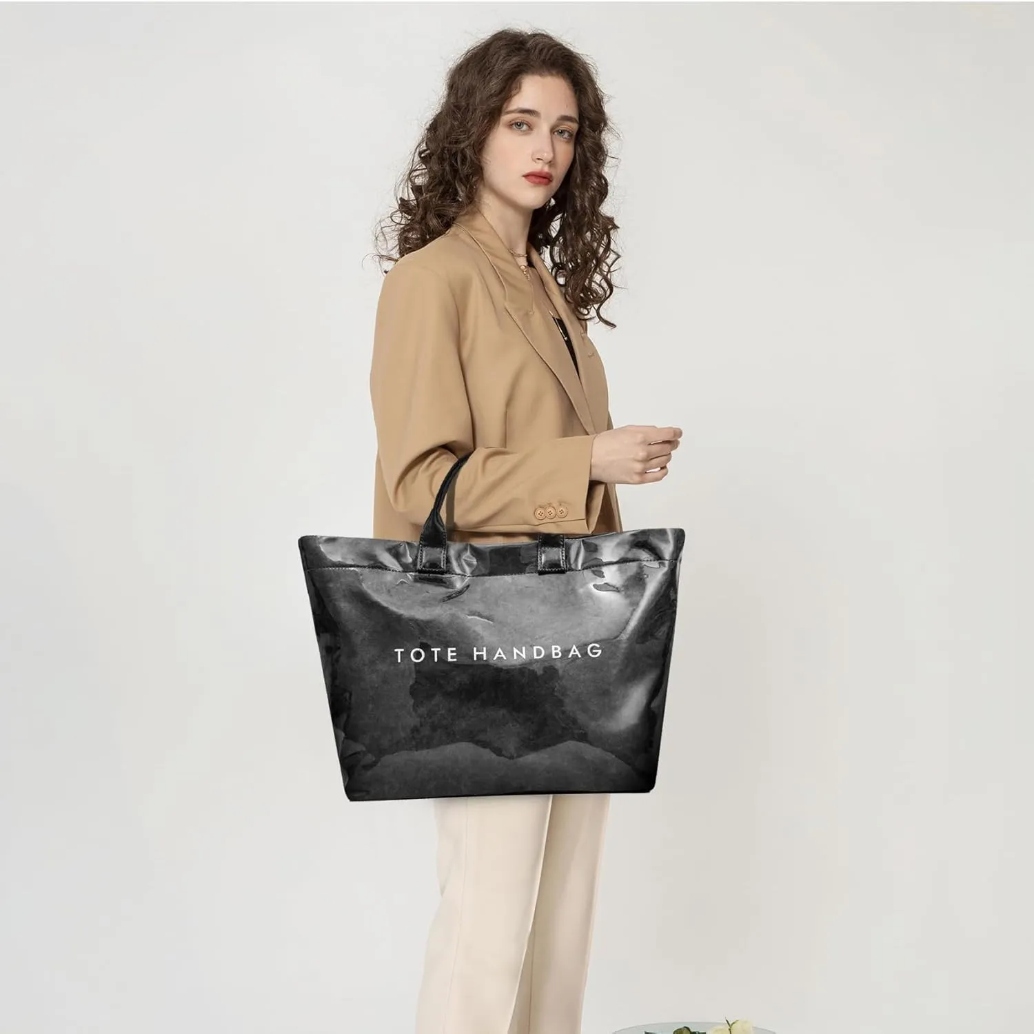 ALUSBELL Large PVC Tote Bag for Women Letters Print Tote Handbag Kraft Paper Travel Shoulder Bag Clear Carry All Hobo Handbag