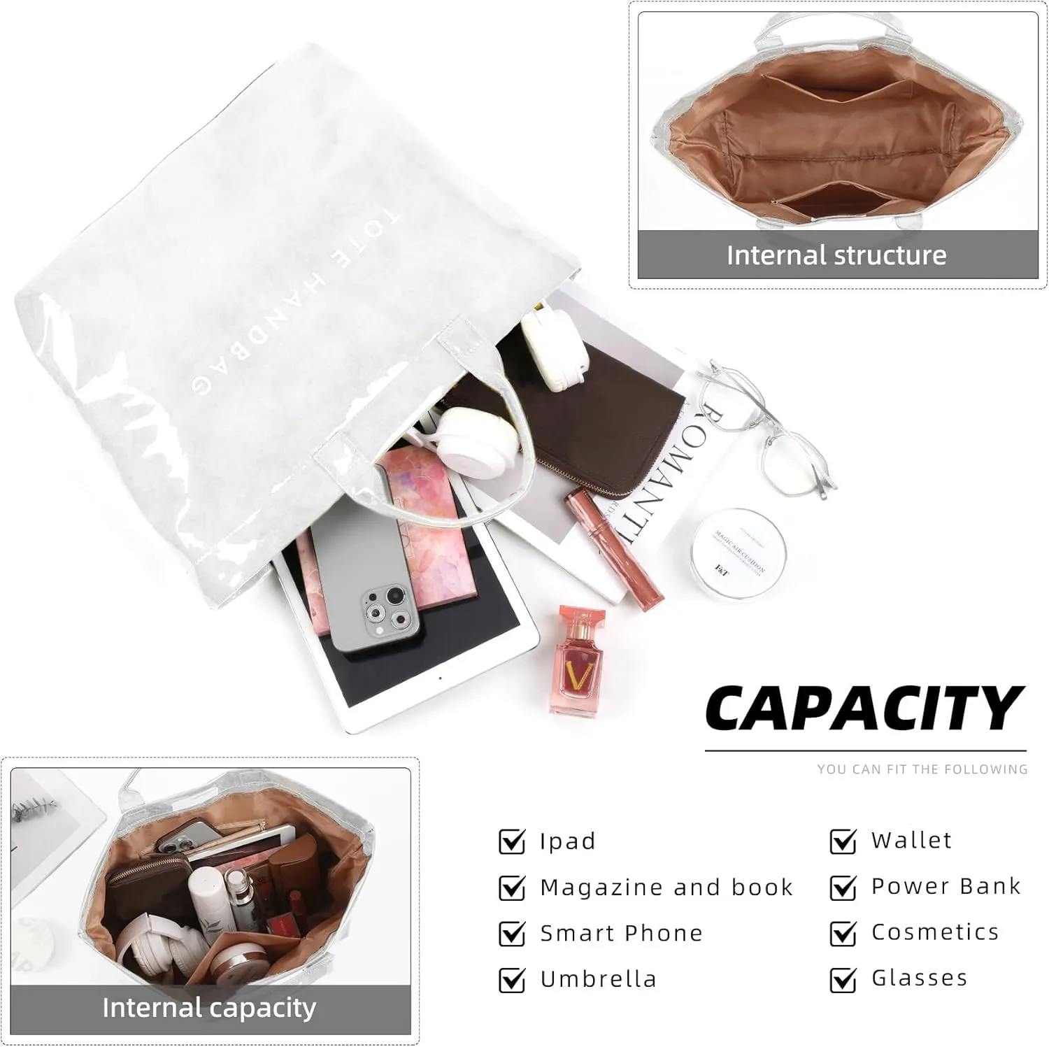 ALUSBELL Large PVC Tote Bag for Women Letters Print Tote Handbag Kraft Paper Travel Shoulder Bag Clear Carry All Hobo Handbag