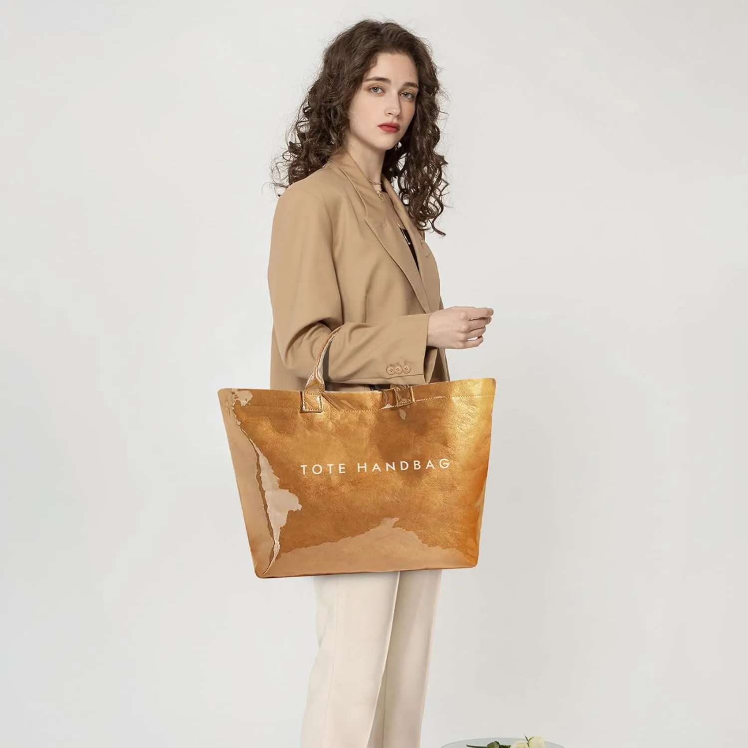 ALUSBELL Large PVC Tote Bag for Women Letters Print Tote Handbag Kraft Paper Travel Shoulder Bag Clear Carry All Hobo Handbag