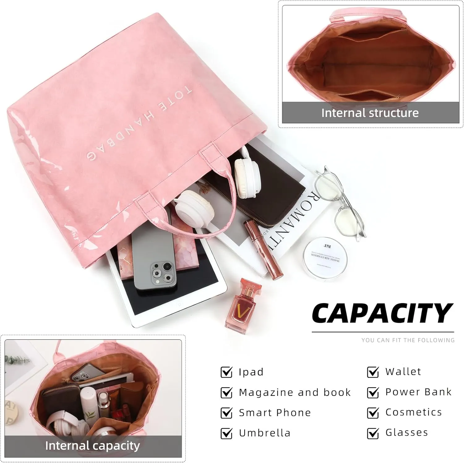 ALUSBELL Large PVC Tote Bag for Women Letters Print Tote Handbag Kraft Paper Travel Shoulder Bag Clear Carry All Hobo Handbag