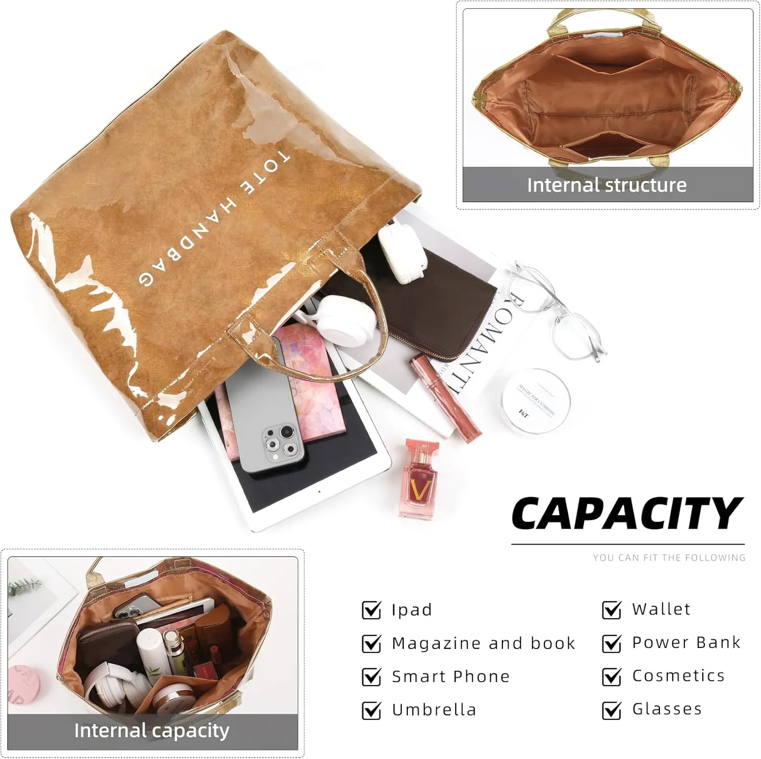 ALUSBELL Large PVC Tote Bag for Women Letters Print Tote Handbag Kraft Paper Travel Shoulder Bag Clear Carry All Hobo Handbag