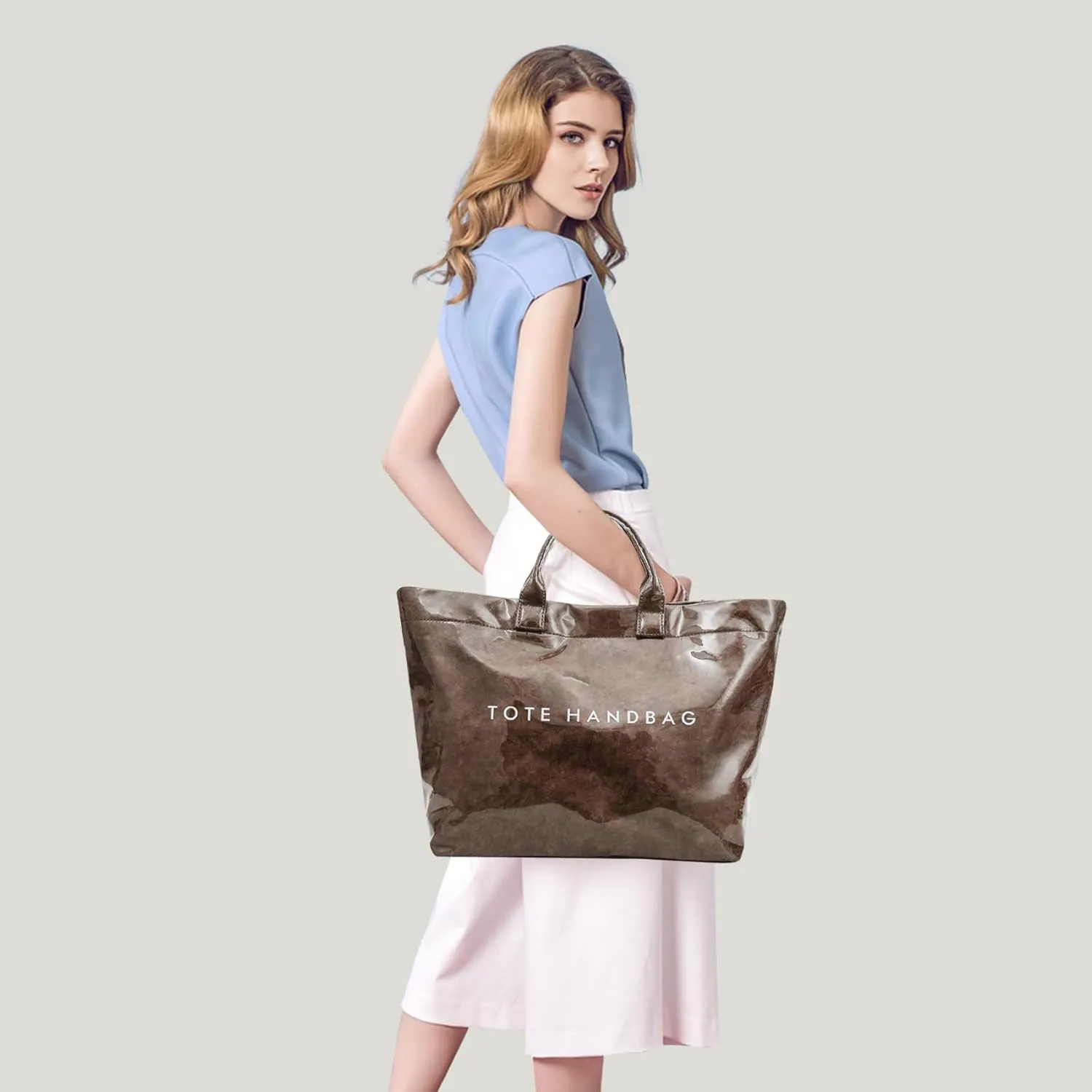 ALUSBELL Large PVC Tote Bag for Women Letters Print Tote Handbag Kraft Paper Travel Shoulder Bag Clear Carry All Hobo Handbag