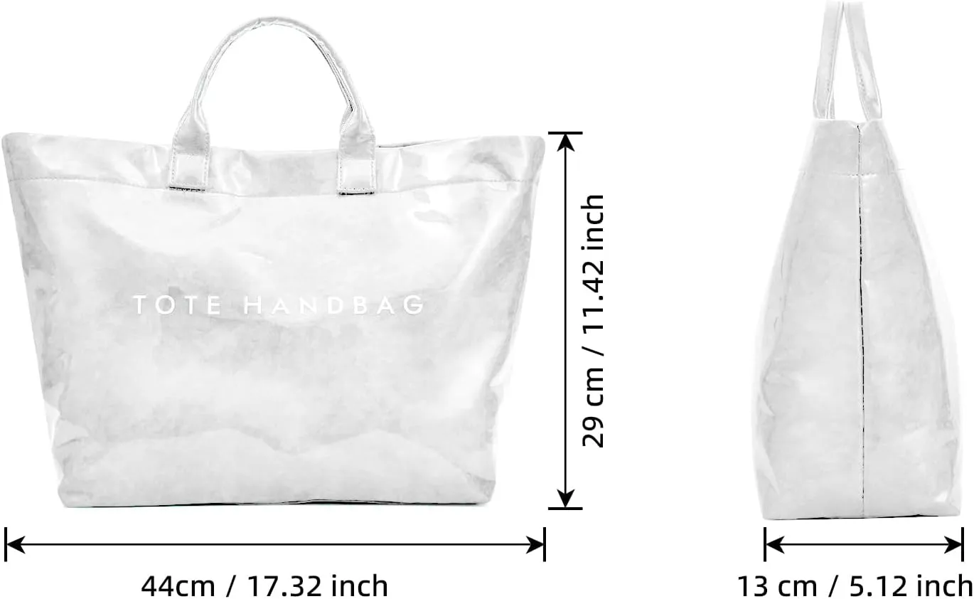 ALUSBELL Large PVC Tote Bag for Women Letters Print Tote Handbag Kraft Paper Travel Shoulder Bag Clear Carry All Hobo Handbag