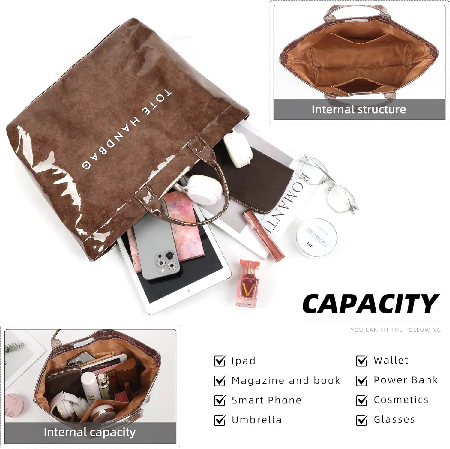 ALUSBELL Large PVC Tote Bag for Women Letters Print Tote Handbag Kraft Paper Travel Shoulder Bag Clear Carry All Hobo Handbag