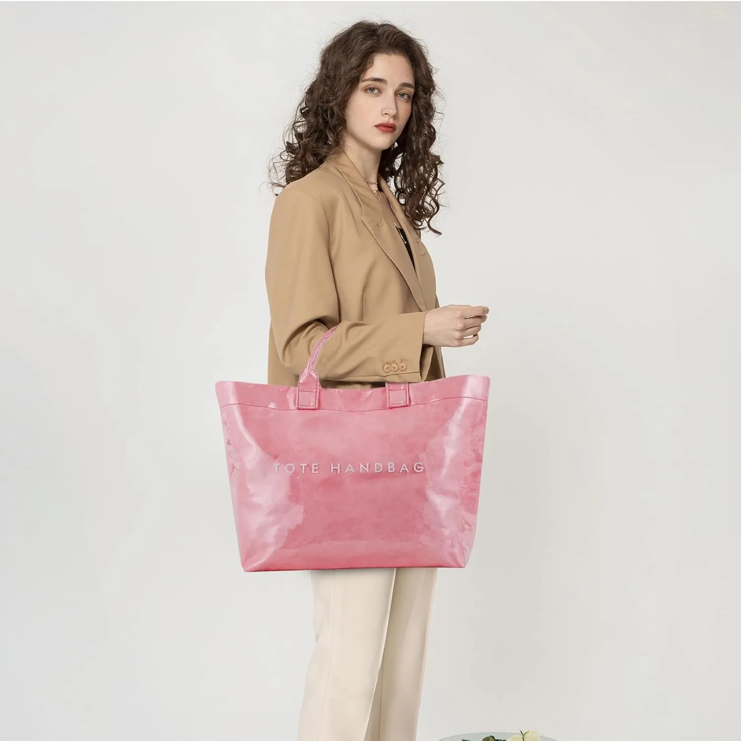 ALUSBELL Large PVC Tote Bag for Women Letters Print Tote Handbag Kraft Paper Travel Shoulder Bag Clear Carry All Hobo Handbag
