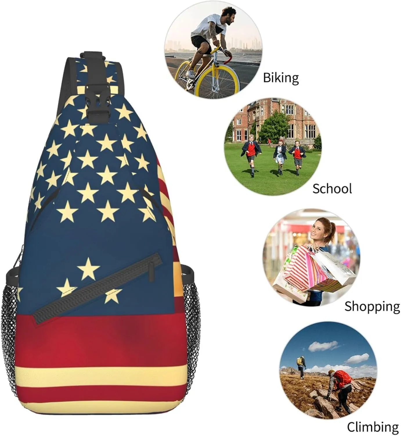 American Flag print Print Sling Backpack, Sling Bag, Crossbody Chest Bag Daypack, for Hiking Travel