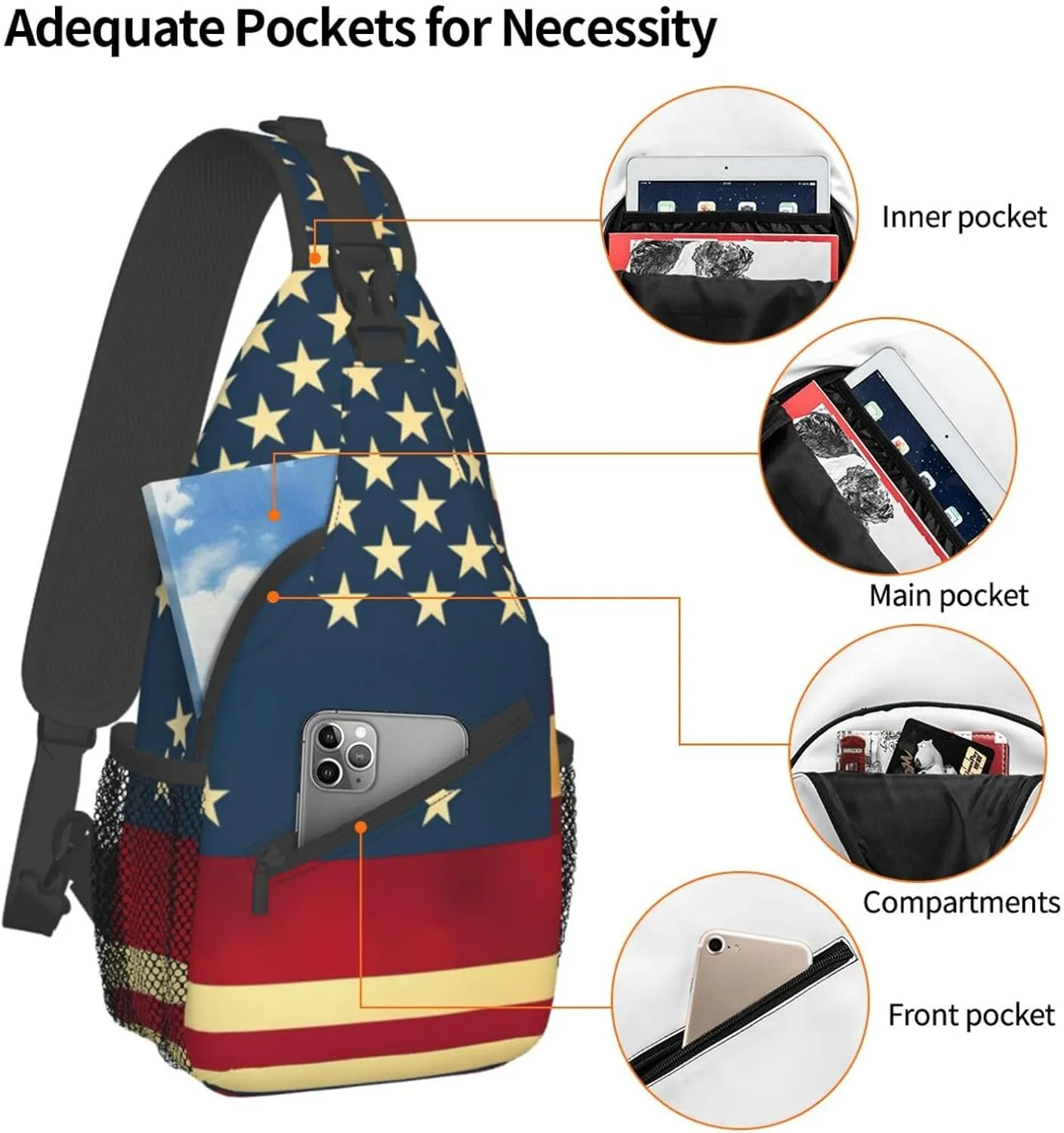 American Flag print Print Sling Backpack, Sling Bag, Crossbody Chest Bag Daypack, for Hiking Travel