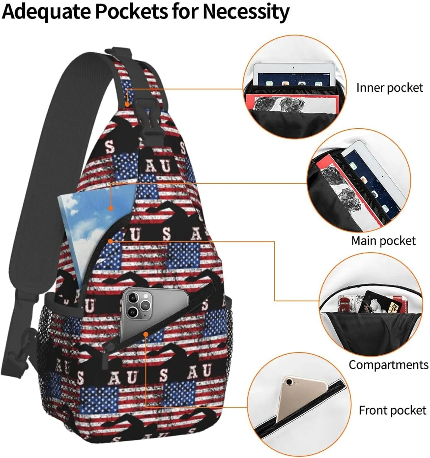 American Flag Swimming Team Sling Bag Adjustable Chest Bags Casual Crossbody Bag Travel Shoulder Backpack