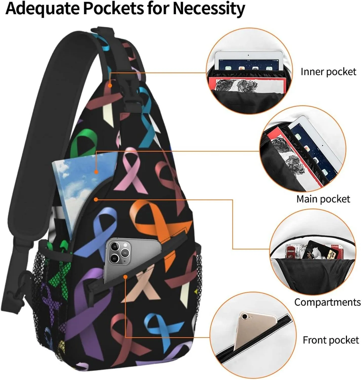 AMRANDOM Cancer Awareness Ribbon Sling Backpack Multipurpose Crossbody Shoulder Bag Travel Hiking Daypack
