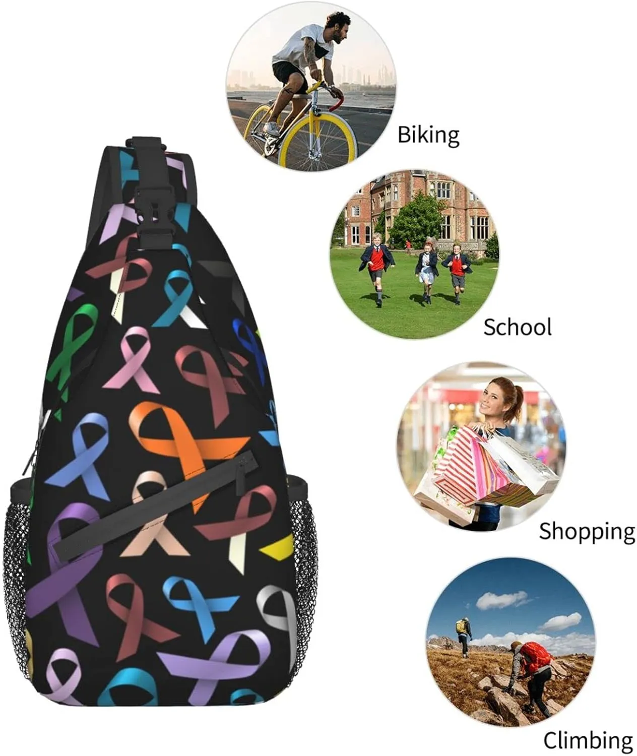 AMRANDOM Cancer Awareness Ribbon Sling Backpack Multipurpose Crossbody Shoulder Bag Travel Hiking Daypack