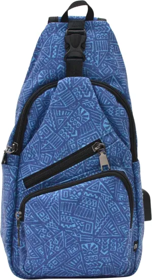 Anti-Theft Daypack Crossbody Sling Backpack, USB Charging, Lightweight Day Pack for Travel, Hiking, Everyday, Regular, Blue Aztec