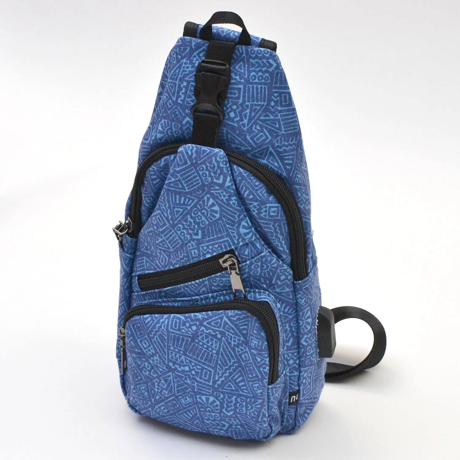 Anti-Theft Daypack Crossbody Sling Backpack, USB Charging, Lightweight Day Pack for Travel, Hiking, Everyday, Regular, Blue Aztec