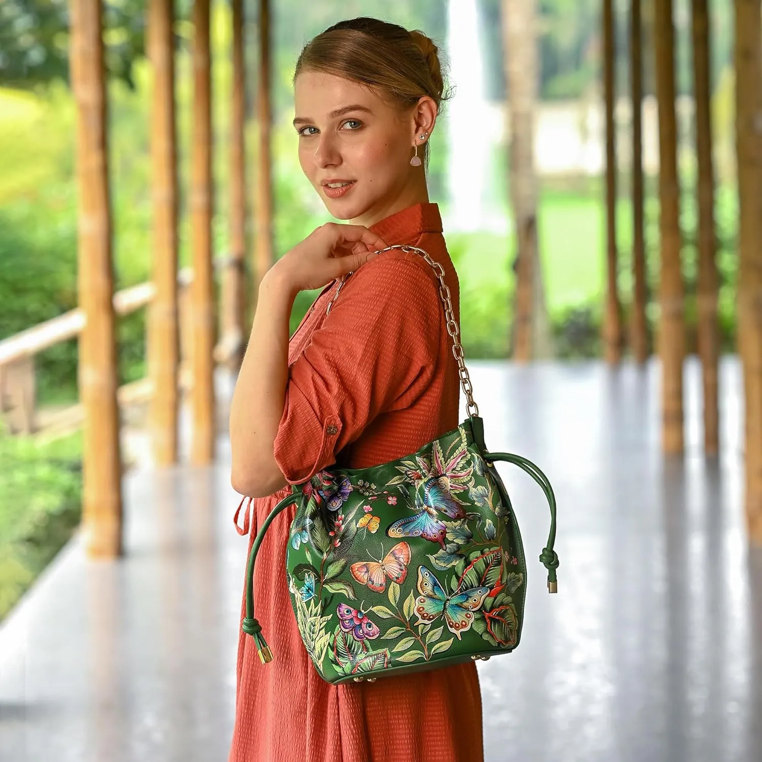 Anuschka Women’s Original Hand-Painted Genuine Leather Drawstring Bucket Bag, Made in India