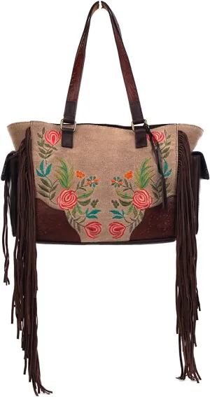 ARIAT Women's Tote Satchel Audrey Collection Canvas Flower Fringe Handbag, Brown, One Size