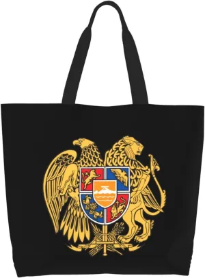 Armenian National Emblem Canvas Tote Bags for Women, Ladies Shoulder Handbags Large Purse Lightweight Foldable Reusable Shopping Bag with Pockets for Work, Travel, 15.7x19.7in
