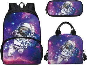Astronaut Sloth School Backpack for Girls, Kids, Boys, Teens School Bags 17 inch Schoolbag Lunch Box Pen Bags 3 In 1 for Son Daughter Gift